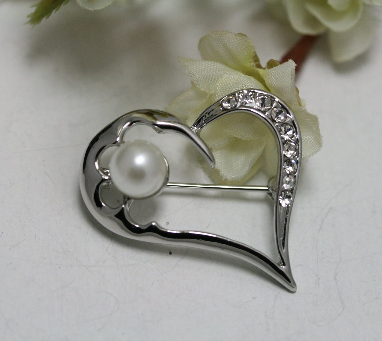 Rhinestone Silver Heart With Faux Pearl Brooch Pin, Valentine's Heart Pin, Valentine's Jewelry Gift