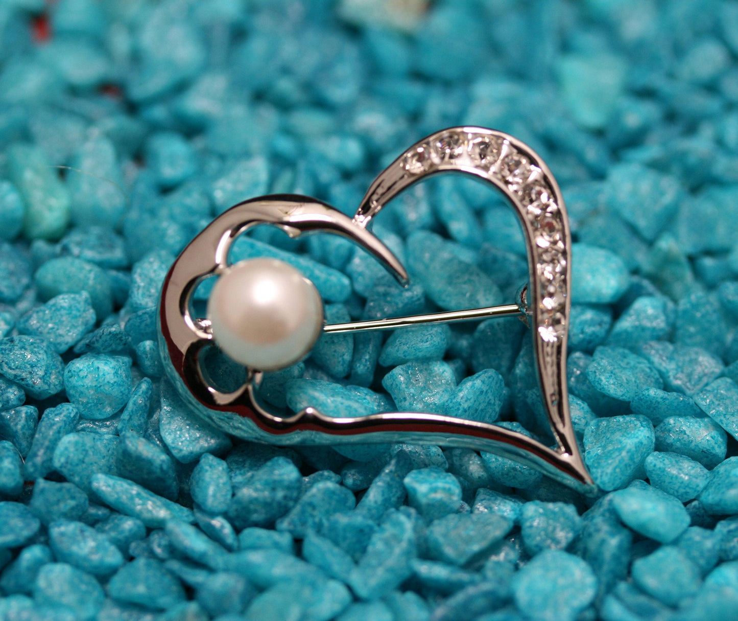 Rhinestone Silver Heart With Faux Pearl Brooch Pin, Valentine's Heart Pin, Valentine's Jewelry Gift