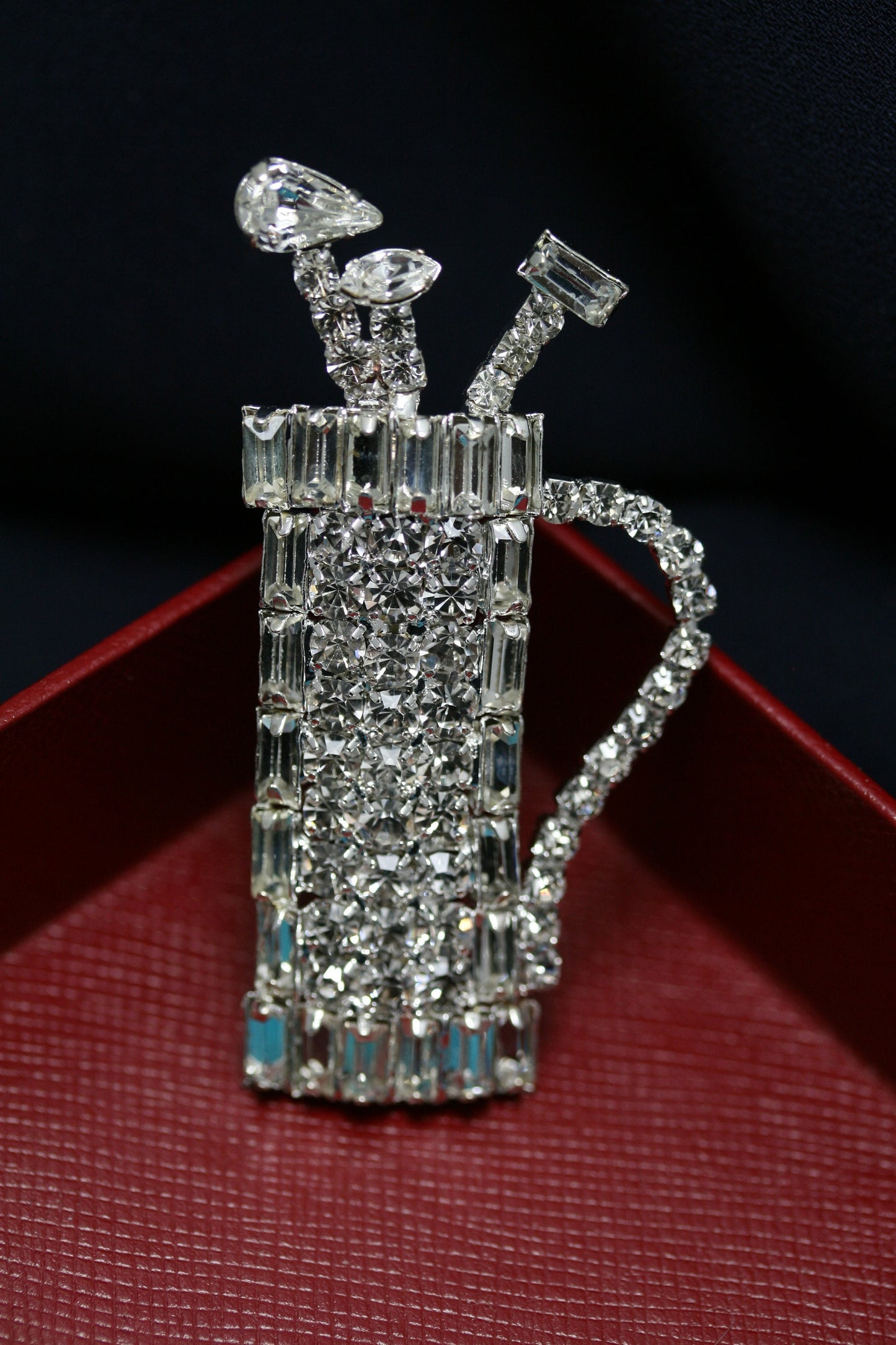 Vintage Retro Clear Rhinestone Golf Bag Caddy Golf Clubs Silver Tone Brooch Pin, Golf Sports Jewelry Gift
