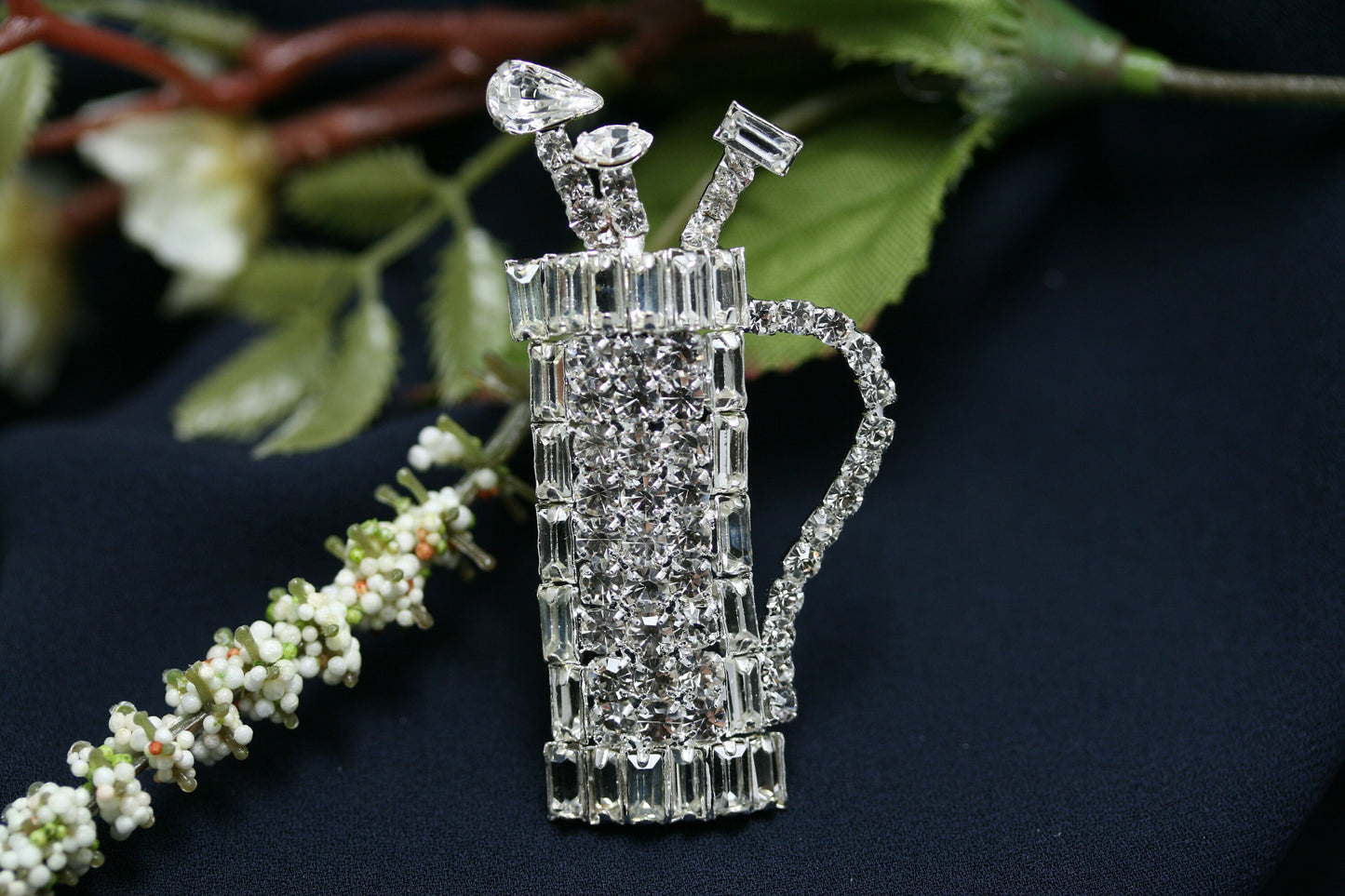 Vintage Retro Clear Rhinestone Golf Bag Caddy Golf Clubs Silver Tone Brooch Pin, Golf Sports Jewelry Gift