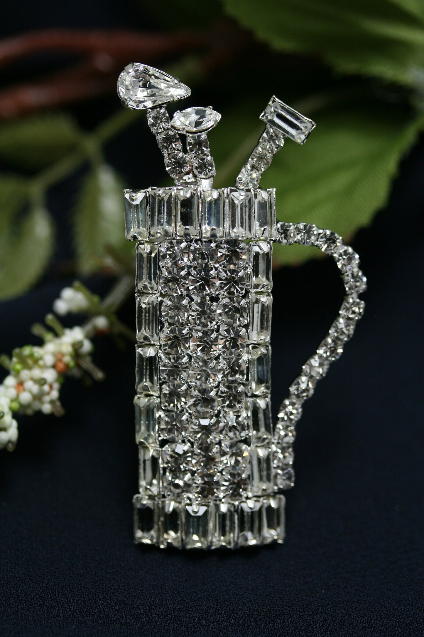 Vintage Retro Clear Rhinestone Golf Bag Caddy Golf Clubs Silver Tone Brooch Pin, Golf Sports Jewelry Gift