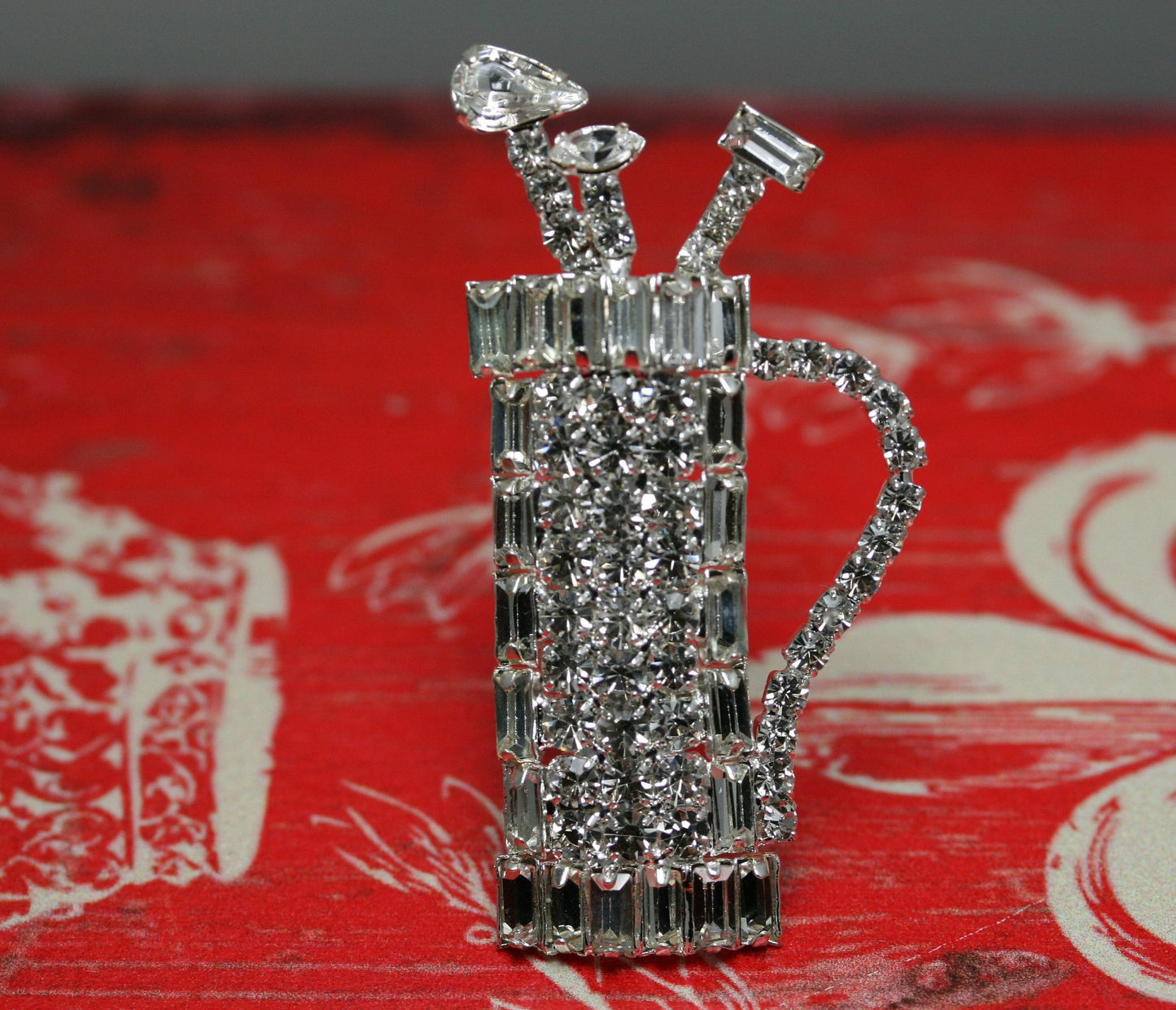 Vintage Retro Clear Rhinestone Golf Bag Caddy Golf Clubs Silver Tone Brooch Pin, Golf Sports Jewelry Gift