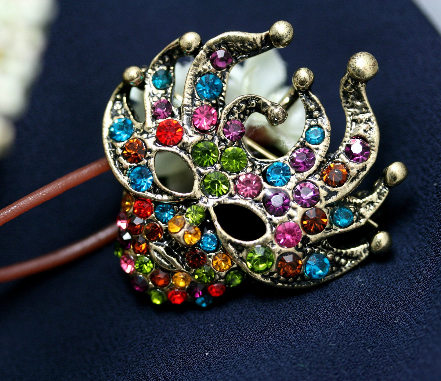 Rhinestone Mardi Gras Musk Brooch & Pendant, Multicolor Crystal Masquerade Ball Mask Pin Brooch