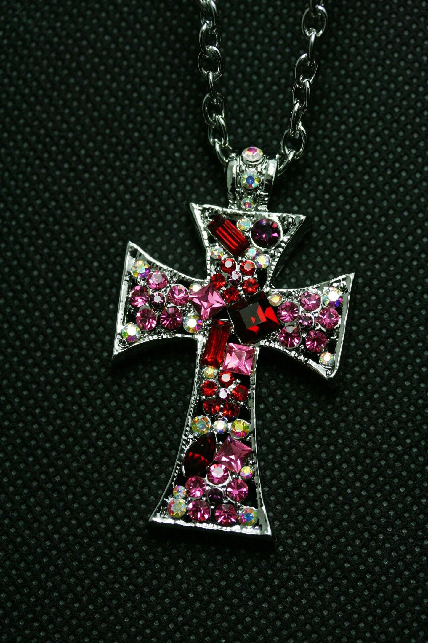 Pink Ruby Crystal & Iridescent Rhinestone Cross Pendant Necklace