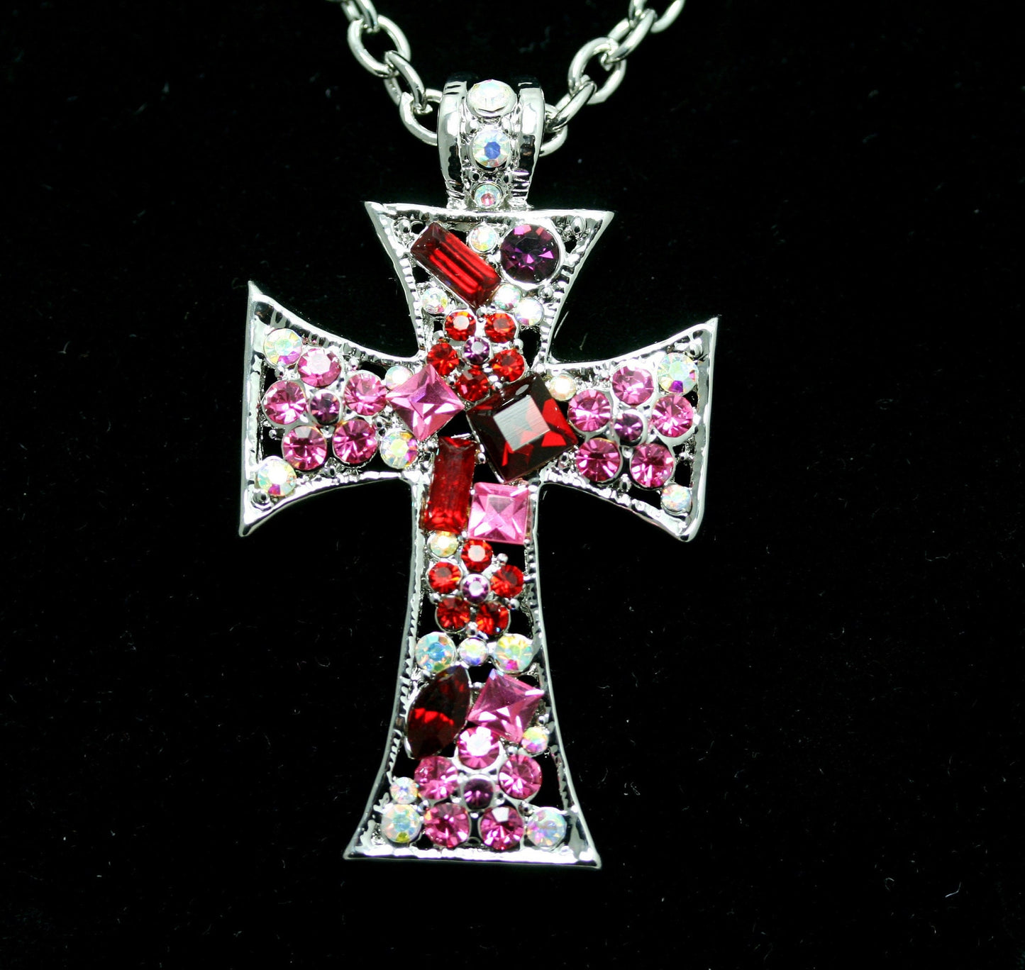 Pink Ruby Crystal & Iridescent Rhinestone Cross Pendant Necklace