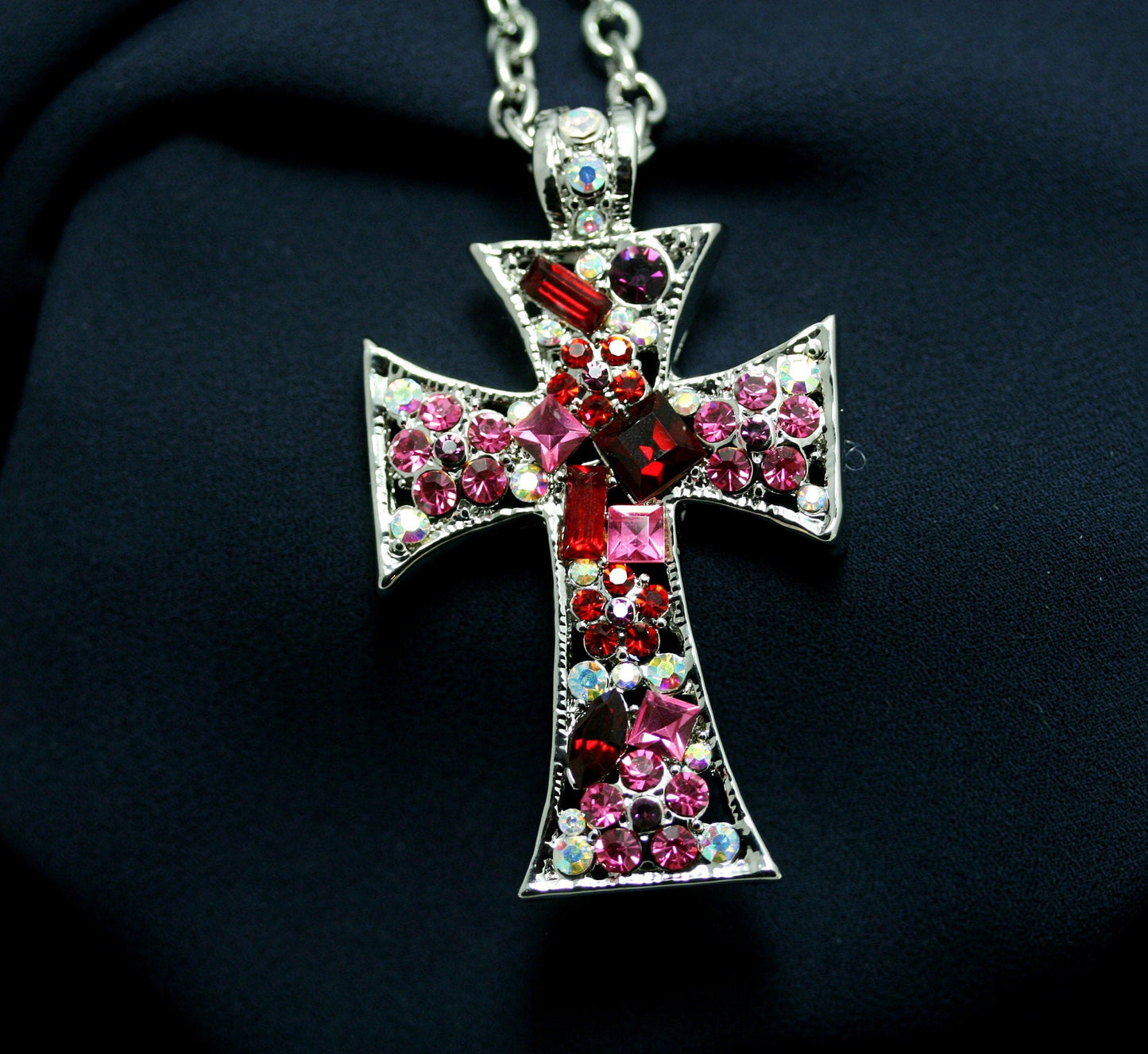 Pink Ruby Crystal & Iridescent Rhinestone Cross Pendant Necklace