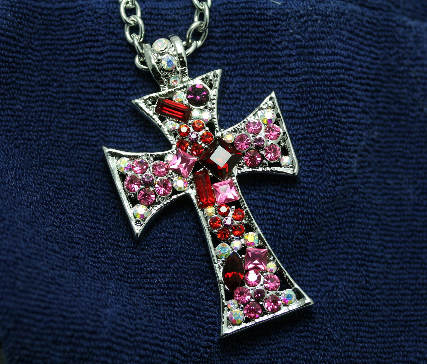 Pink Ruby Crystal & Iridescent Rhinestone Cross Pendant Necklace