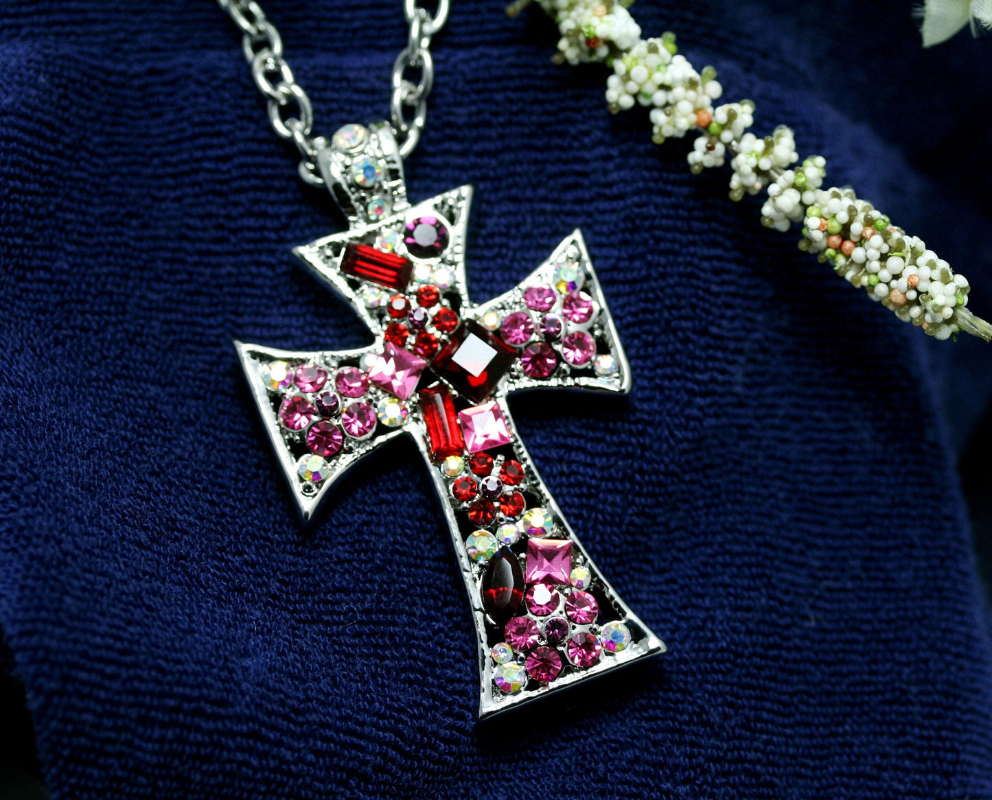 Pink Ruby Crystal & Iridescent Rhinestone Cross Pendant Necklace