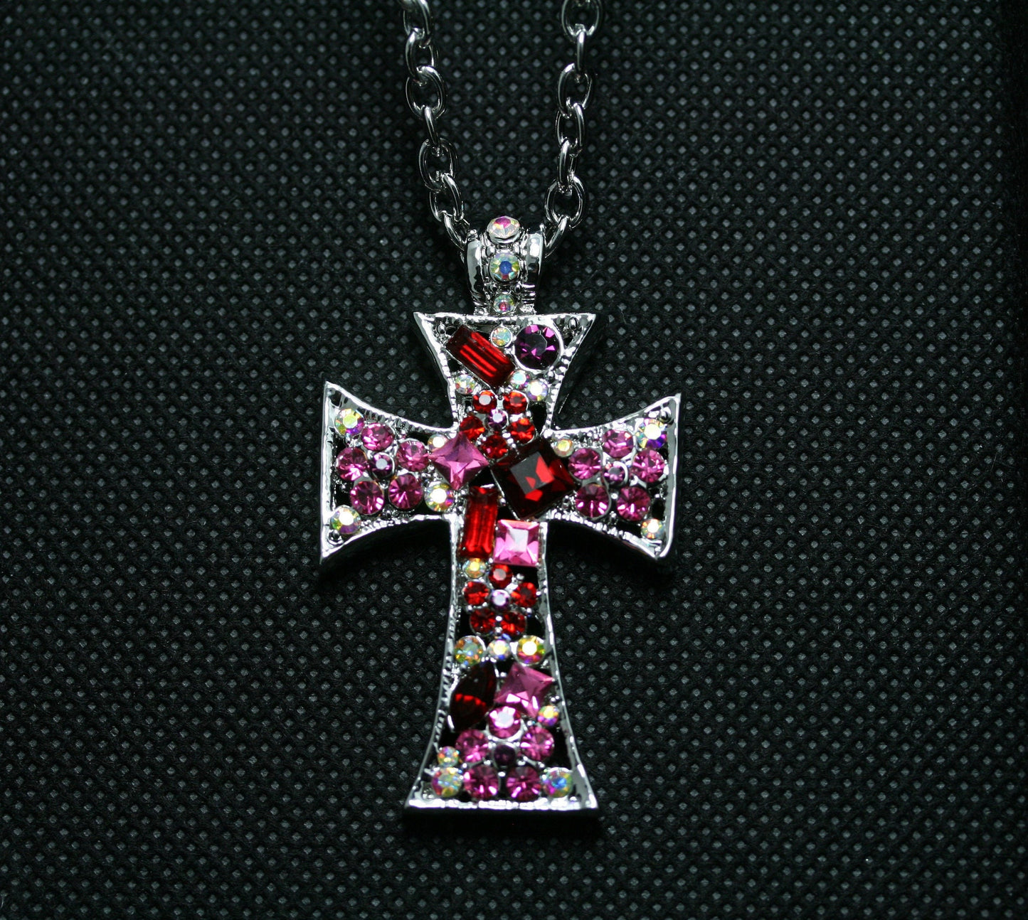 Pink Ruby Crystal & Iridescent Rhinestone Cross Pendant Necklace