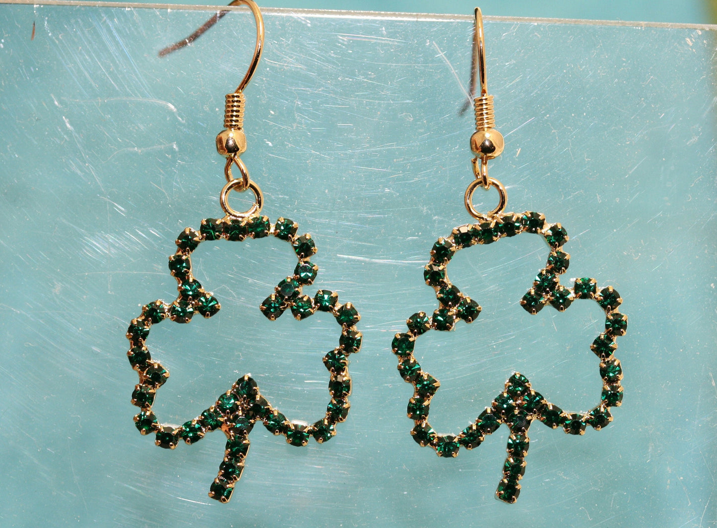 Emeralds Rhinestone Shamrock Outline St Patrick's Day Brooch & Dangle Earrings Set, Irish St Patrick's Day Shamrock Jewelry Gift