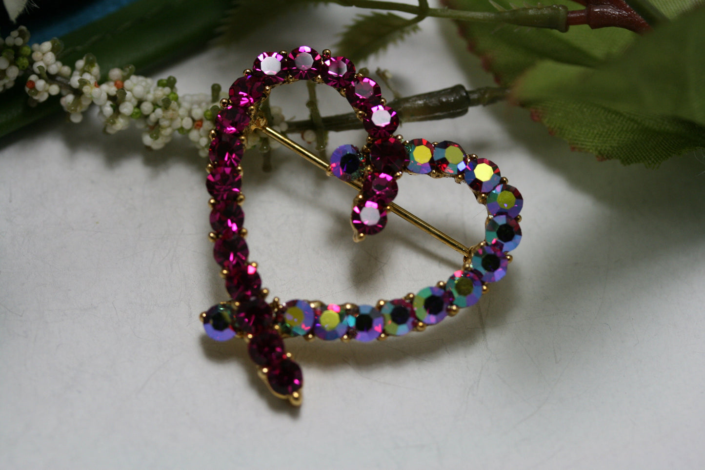 Rhinestone Pink Topaz Heart Brooch Pin, Crystal Valentine's day Heart Jewelry For Her
