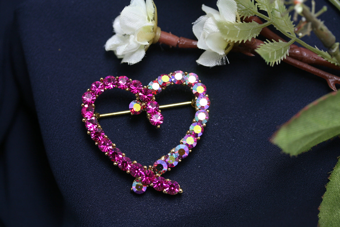 Rhinestone Pink Topaz Heart Brooch Pin, Crystal Valentine's day Heart Jewelry For Her