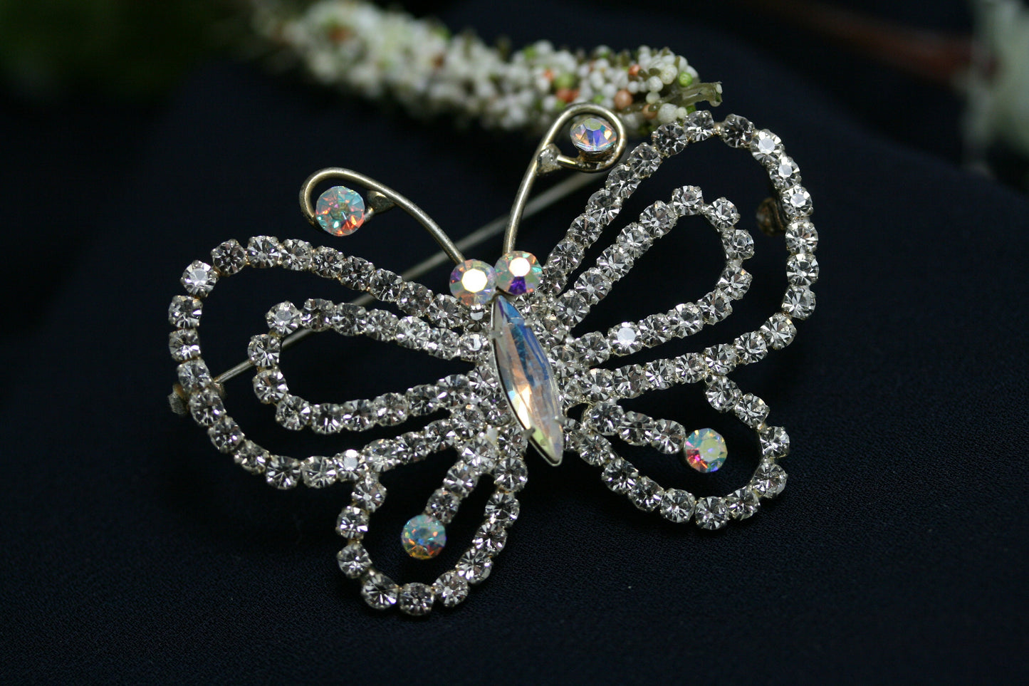 Silvery Tone Aurora Borealis Clear Crystal Rhinestone Hollow Out Butterfly Brooch Pin