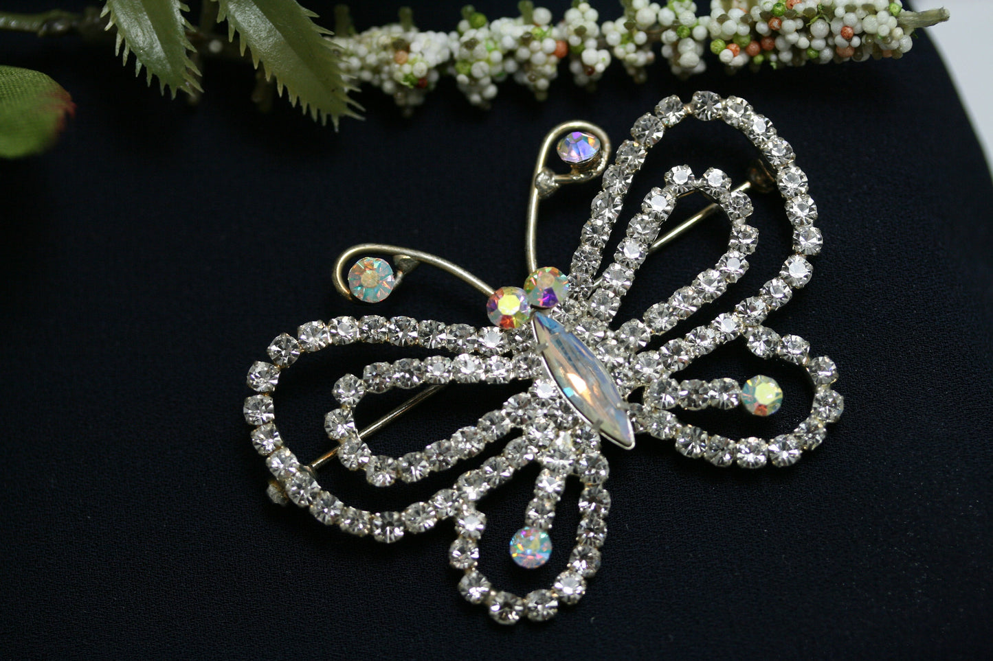 Silvery Tone Aurora Borealis Clear Crystal Rhinestone Hollow Out Butterfly Brooch Pin