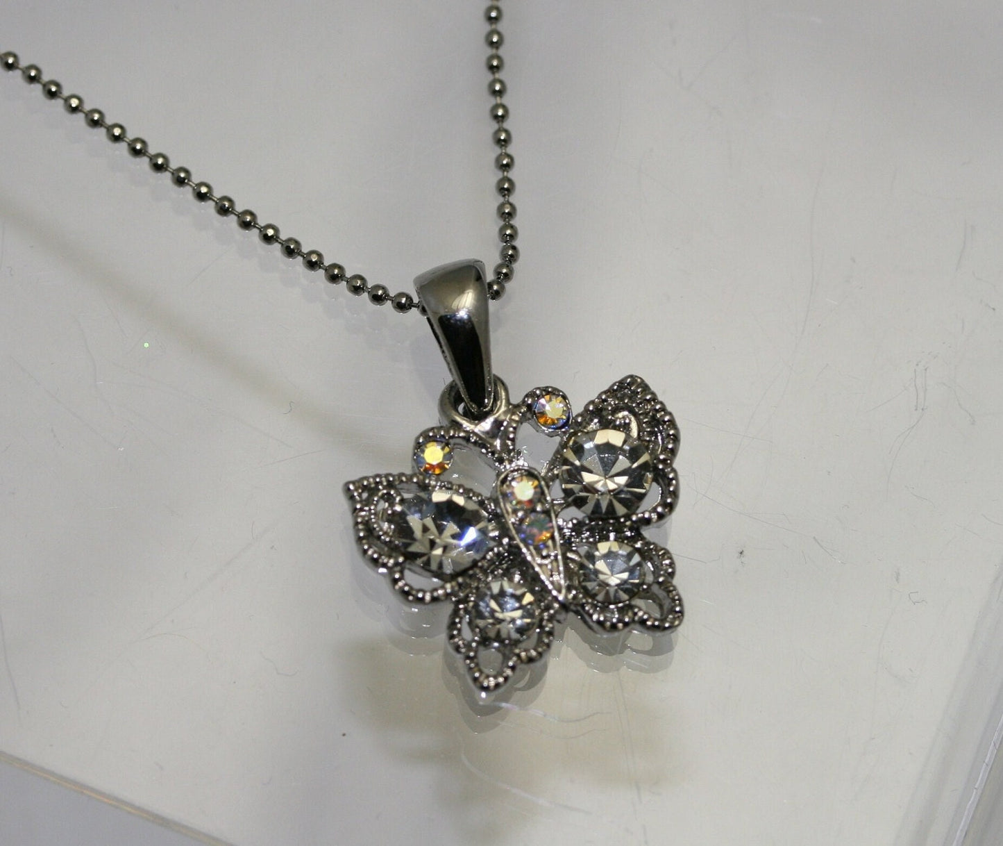 Rhinestone Butterfly Necklace Charm, Clear Crystal Butterfly Pendant With Chain (18")