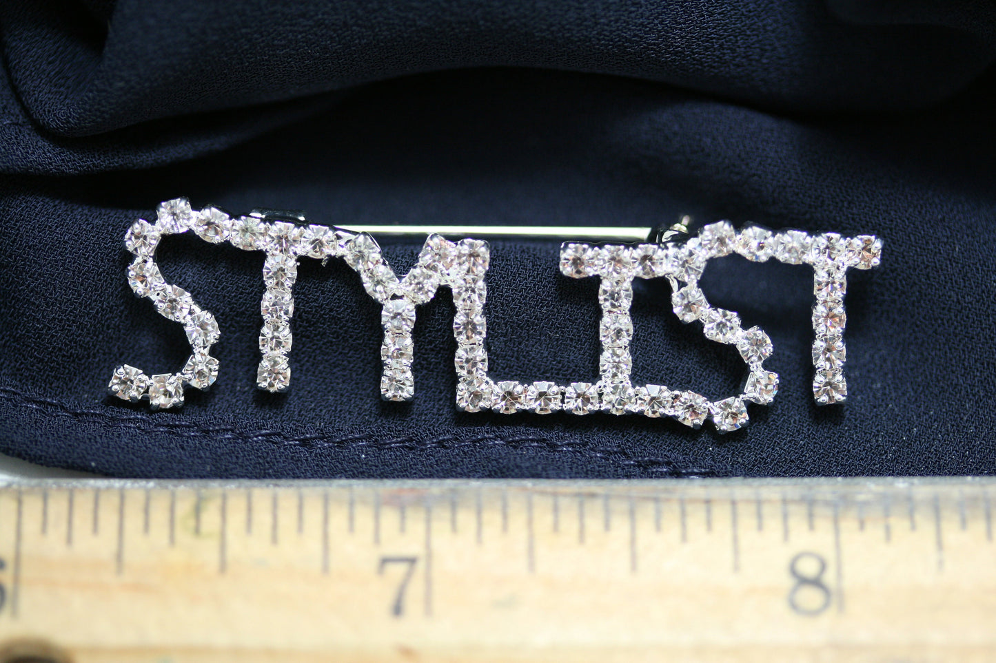 Rhinestone Word Pin "STYLIST", Beauty Salon Designer STYLIST Word Letters Scissors Brooch Pin Jewelry