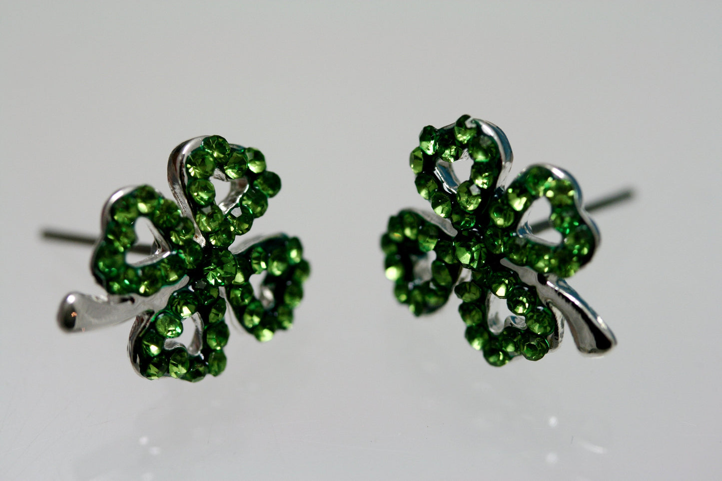 Emeralds Rhinestone Shamrock Outline Post Earrings, St Patrick's Day Earrings, Irish Four Leaf Clover Earrings Jewelry Gift