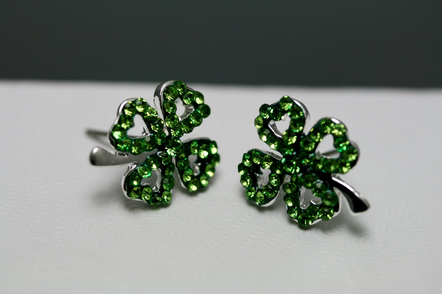 Emeralds Rhinestone Shamrock Outline Post Earrings, St Patrick's Day Earrings, Irish Four Leaf Clover Earrings Jewelry Gift