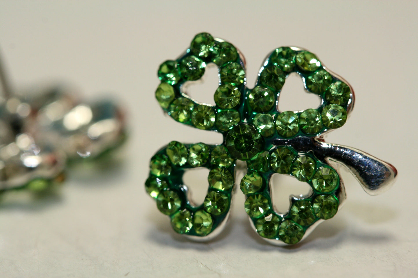Emeralds Rhinestone Shamrock Outline Post Earrings, St Patrick's Day Earrings, Irish Four Leaf Clover Earrings Jewelry Gift