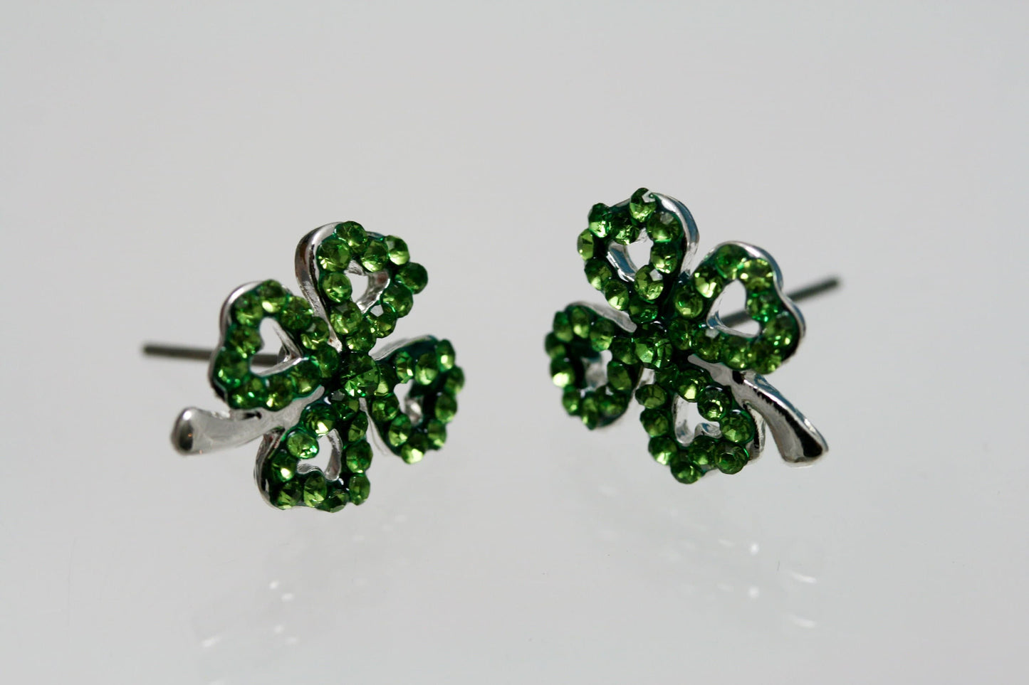 Emeralds Rhinestone Shamrock Outline Post Earrings, St Patrick's Day Earrings, Irish Four Leaf Clover Earrings Jewelry Gift