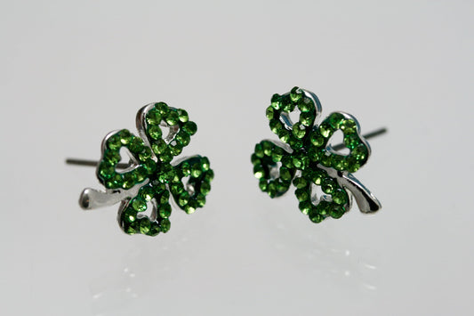 Emeralds Rhinestone Shamrock Outline Post Earrings, St Patrick's Day Earrings, Irish Four Leaf Clover Earrings Jewelry Gift