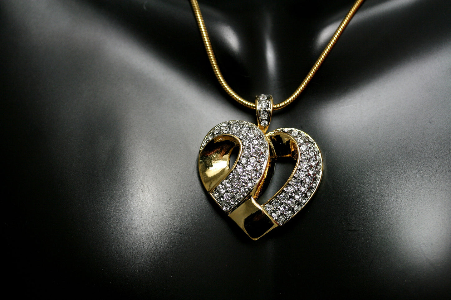 Round Diamond Accent Gold-Tone Women's Heart Pendant in Brass, 18" Crystal Valentine's Day Heart Necklace For Her