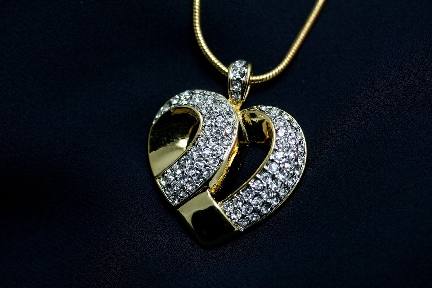 Round Diamond Accent Gold-Tone Women's Heart Pendant in Brass, 18" Crystal Valentine's Day Heart Necklace For Her
