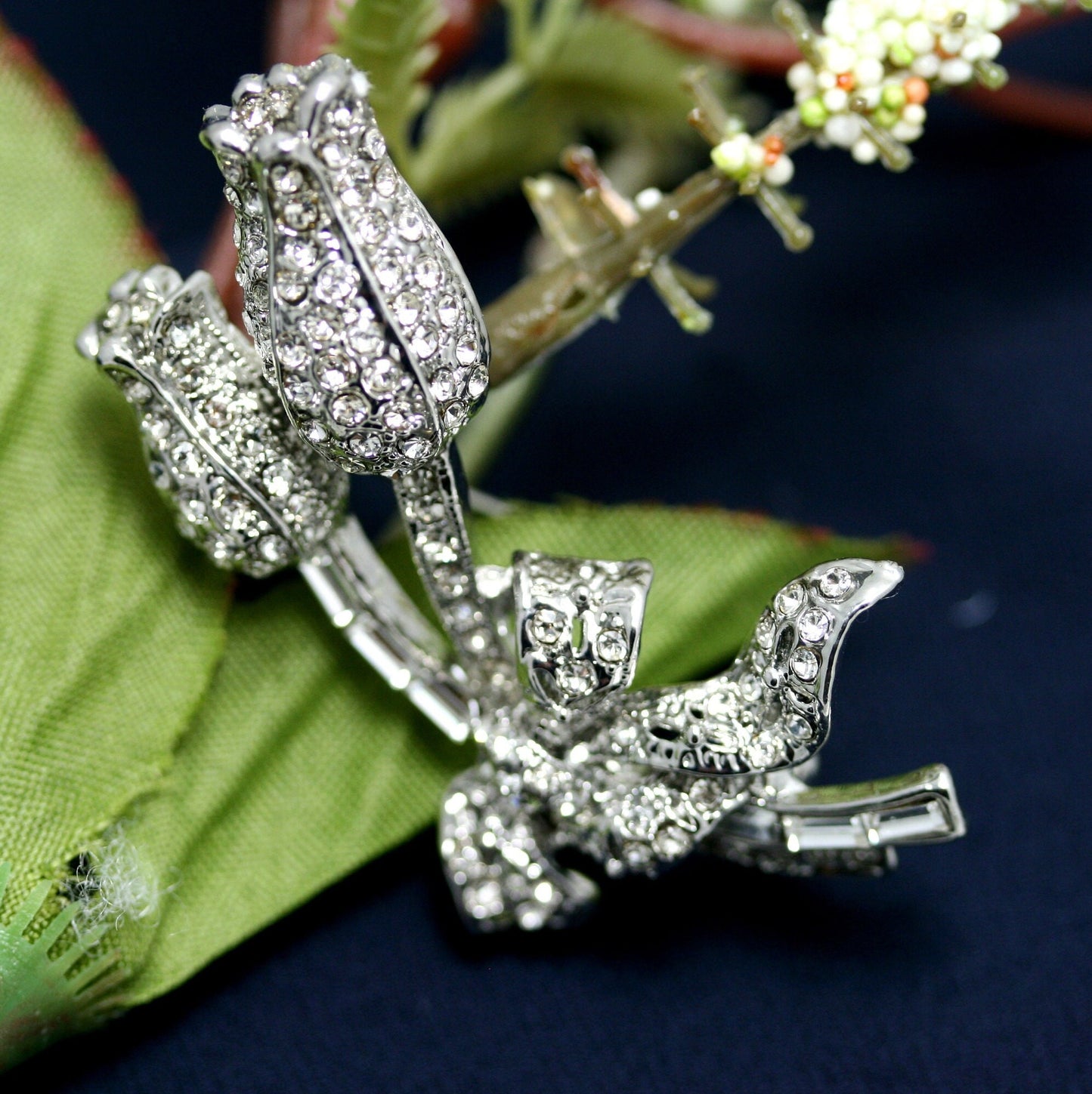 Chrome Silver Rose Crystal Flower Pin Brooch, Rhinestone Valentine's Day Rose Flower Jewelry for her