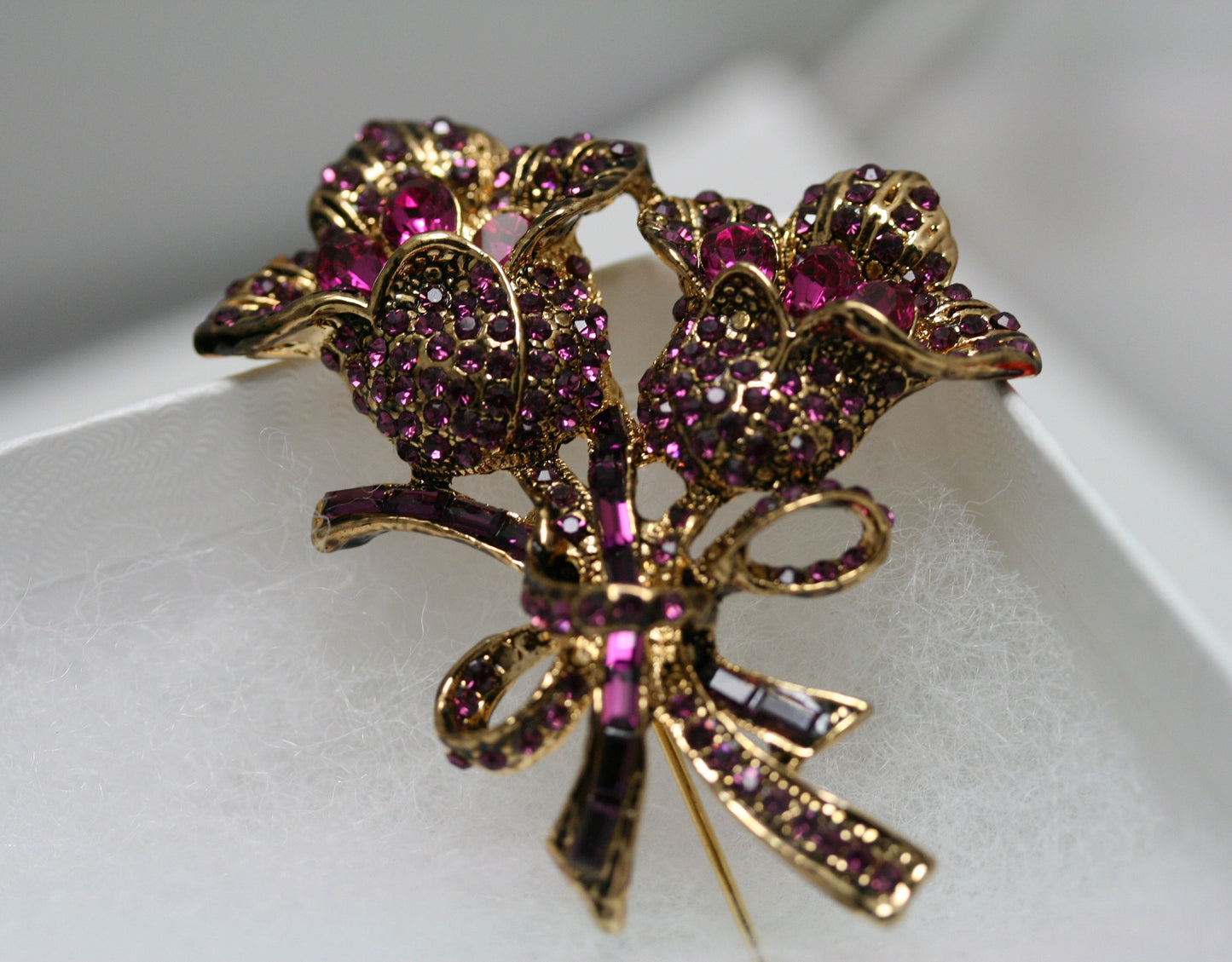 Vintage Large Purple Garnet Rhinestone Rose Pin Brooch Jewelry, Fashion Valentine's Day Roses Pin Statement Brooches