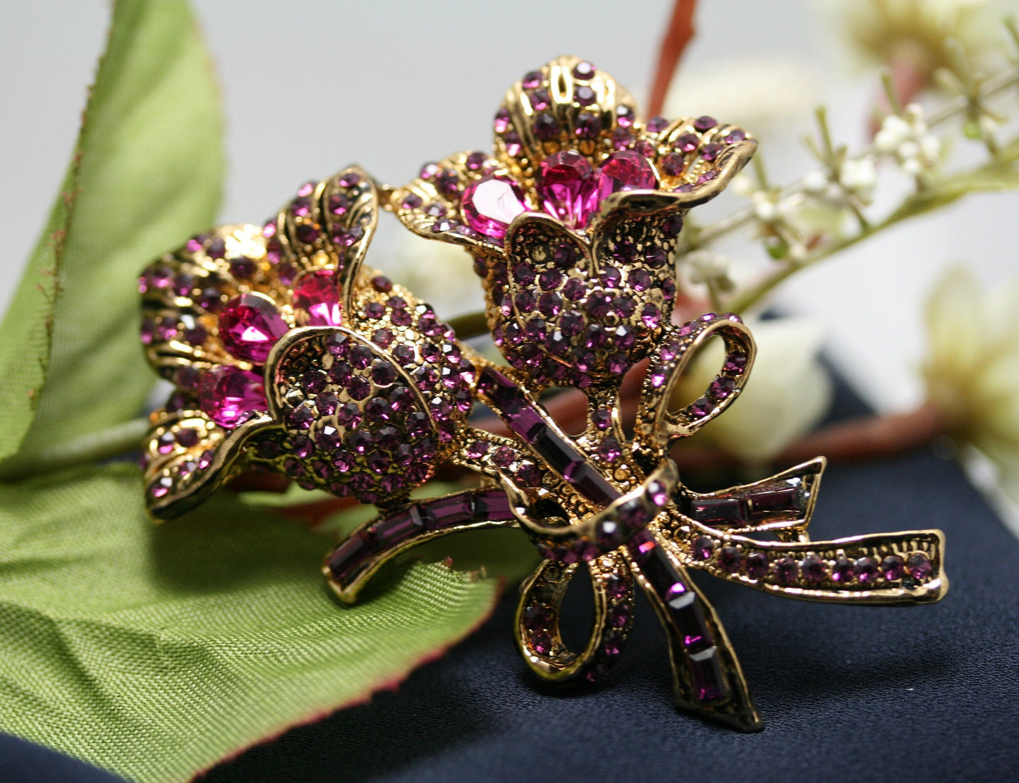 Vintage Large Purple Garnet Rhinestone Rose Pin Brooch Jewelry, Fashion Valentine's Day Roses Pin Statement Brooches