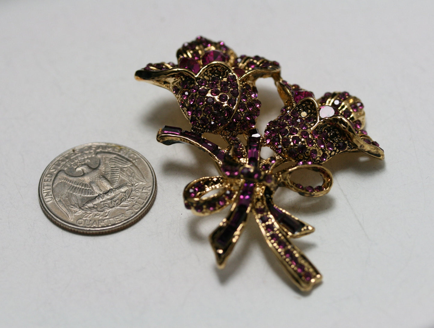 Vintage Large Purple Garnet Rhinestone Rose Pin Brooch Jewelry, Fashion Valentine's Day Roses Pin Statement Brooches