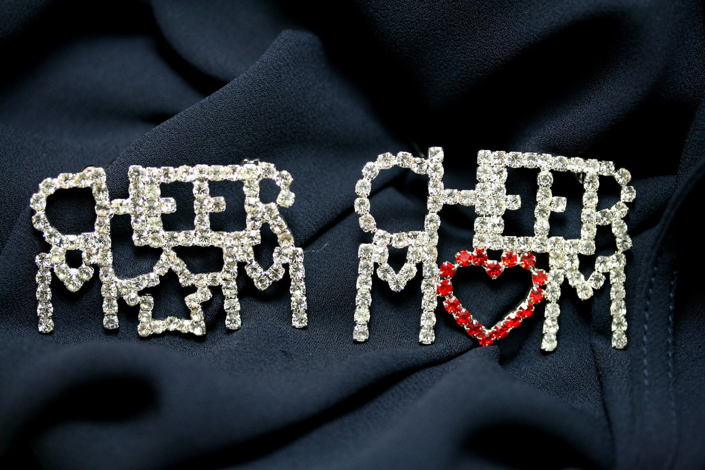 Rhinestone Cheer Mom Pin Brooch, Costume Jewelry Openwork Red & Clear Crystals Words