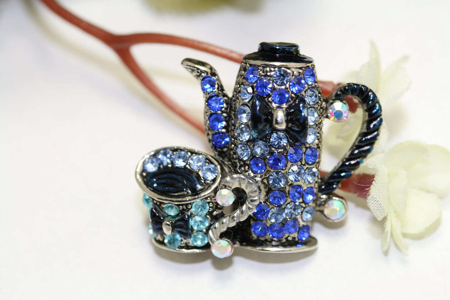 Vintage Teapot Brooch, Antique Silver Teapot Brooch Pin, Enamel Crystal Rhinestone Teapot Cup Brooch Pin