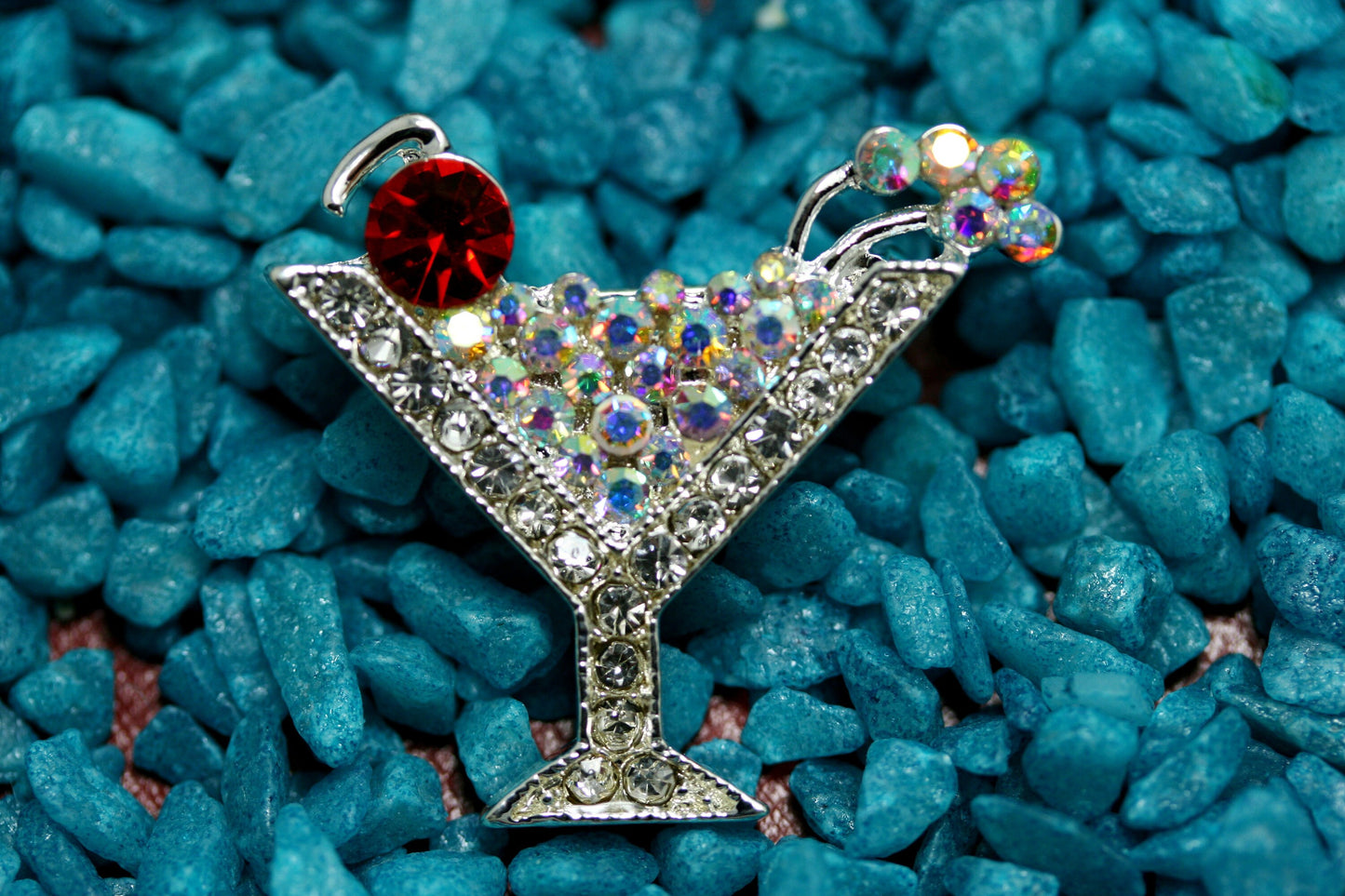 Party Cocktail Martini Glass Pin Brooch, Silver Rhinestones Martini Glass Fashion Jewelry