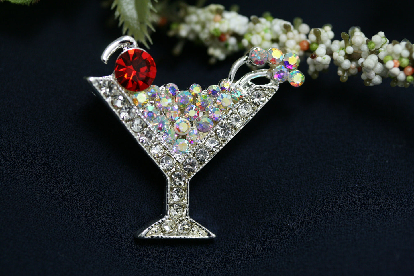 Party Cocktail Martini Glass Pin Brooch, Silver Rhinestones Martini Glass Fashion Jewelry