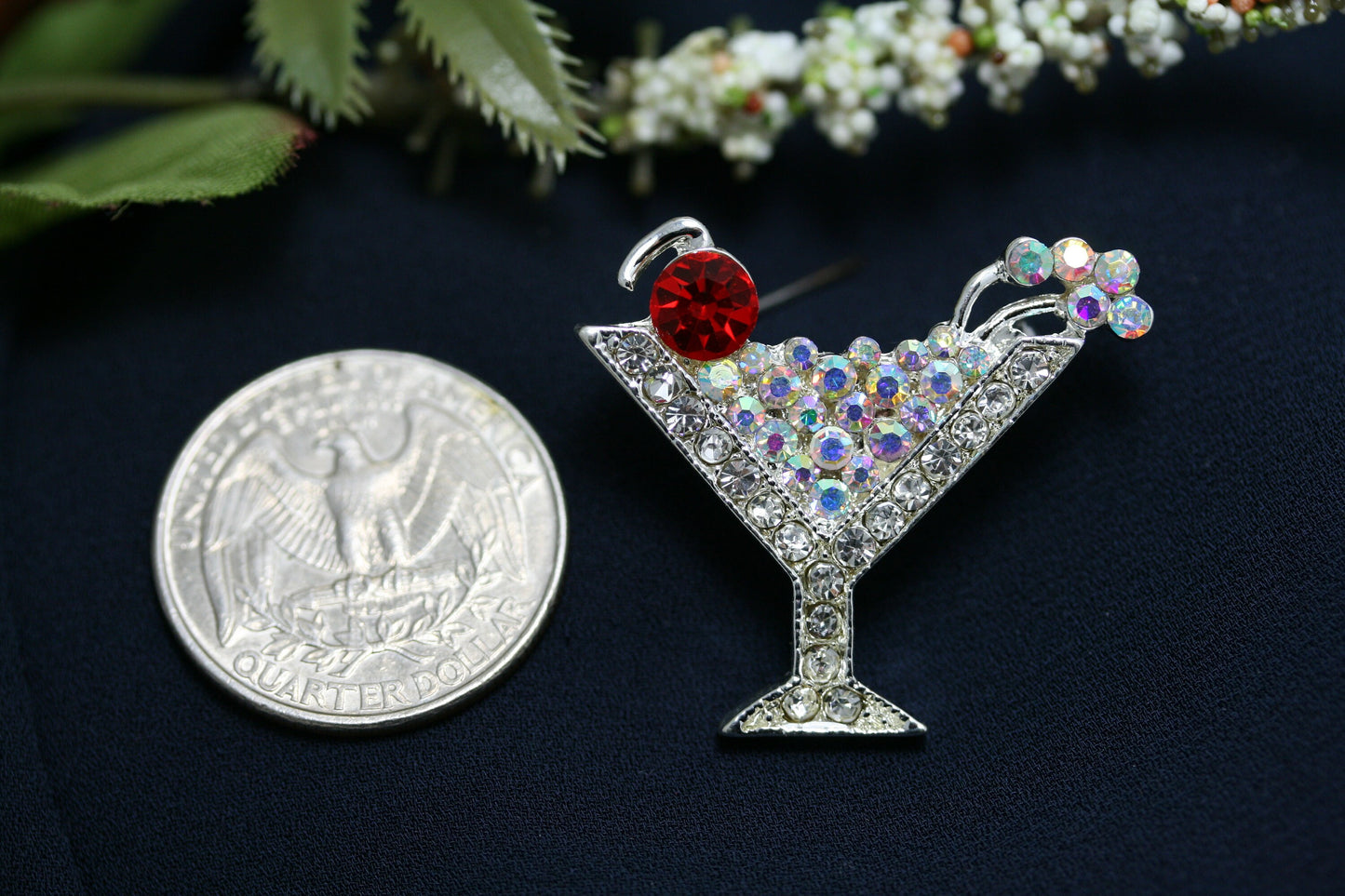 Party Cocktail Martini Glass Pin Brooch, Silver Rhinestones Martini Glass Fashion Jewelry