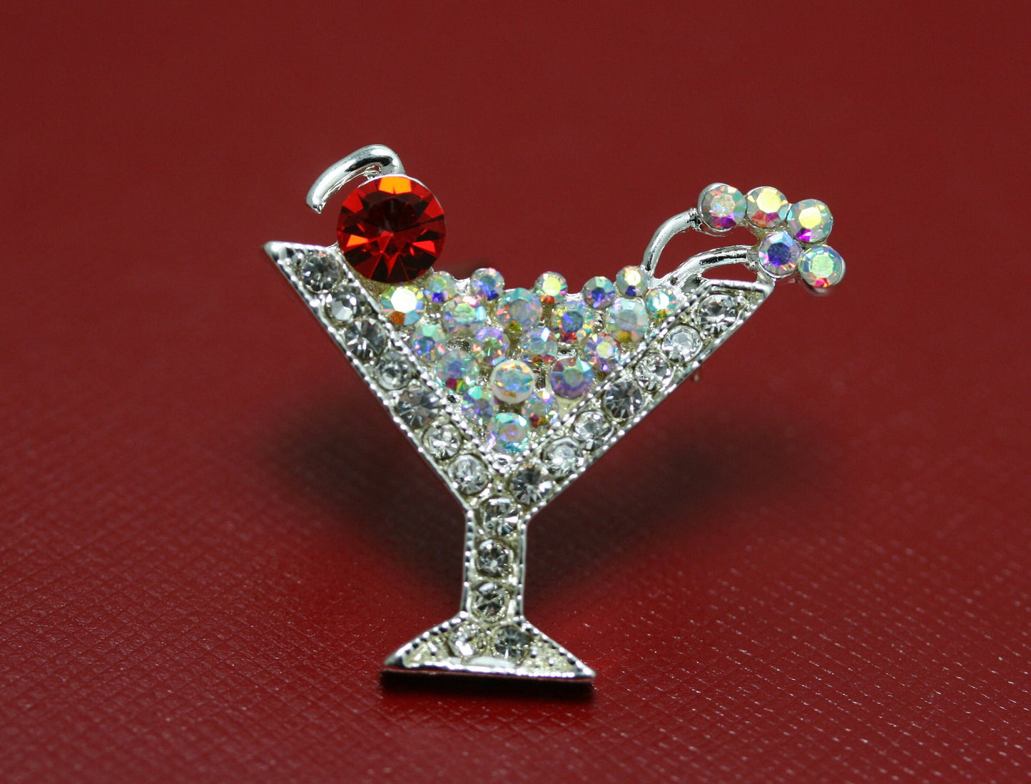 Party Cocktail Martini Glass Pin Brooch, Silver Rhinestones Martini Glass Fashion Jewelry