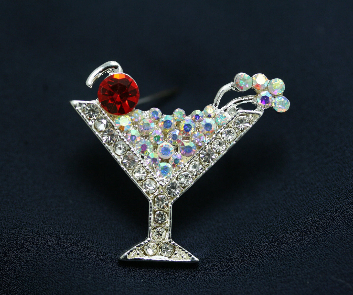Party Cocktail Martini Glass Pin Brooch, Silver Rhinestones Martini Glass Fashion Jewelry