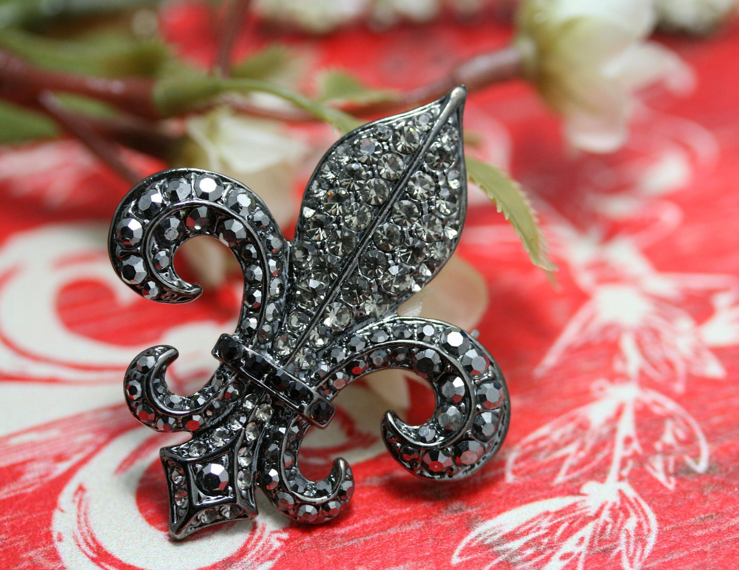 New Orleans Fleur De Lis Boutonniere Black Rhinestone Brooch, Pendant, French Fleur De LIs Crystal Lapel Pin, Flat Back Fleur De Lis Jewelry