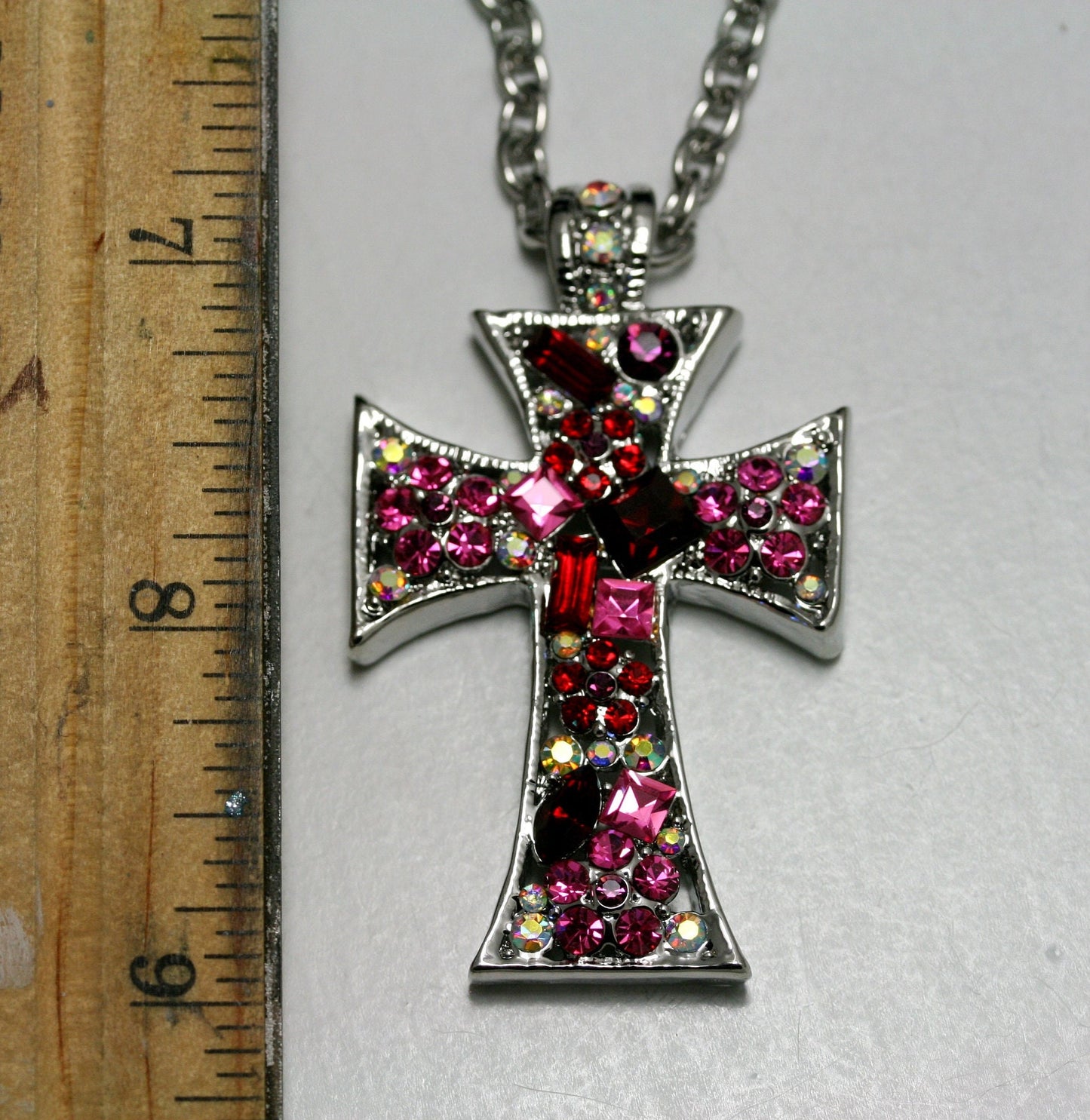 Pink Ruby Crystal & Iridescent Rhinestone Cross Pendant Necklace