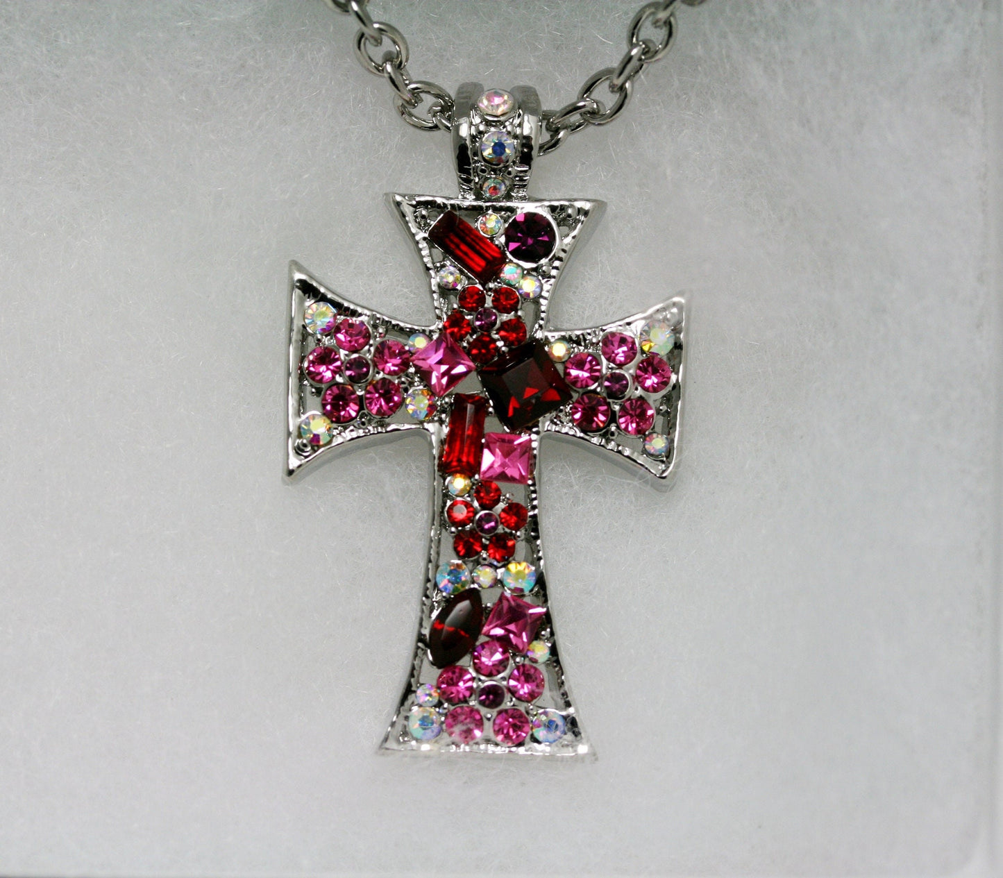 Pink Ruby Crystal & Iridescent Rhinestone Cross Pendant Necklace