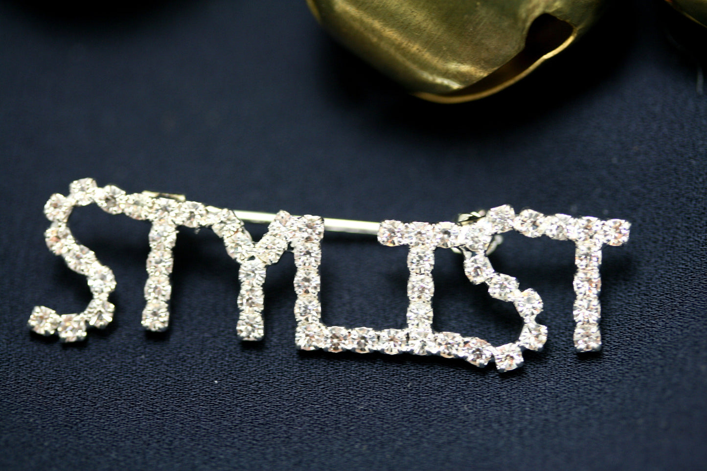 Rhinestone Word Pin "STYLIST", Beauty Salon Designer STYLIST Word Letters Scissors Brooch Pin Jewelry