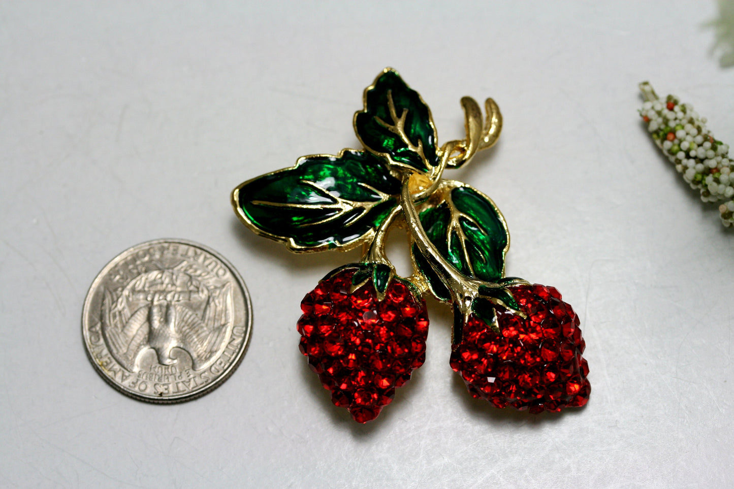 Rhinestone Double Strawberry Brooch Pin, Fruit Ruby Red Crystal Strawberry Brooch, Fruit Pin