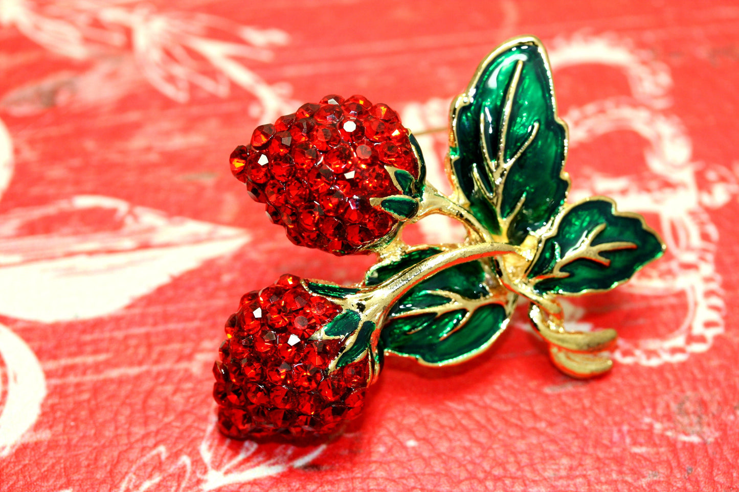 Rhinestone Double Strawberry Brooch Pin, Fruit Ruby Red Crystal Strawberry Brooch, Fruit Pin