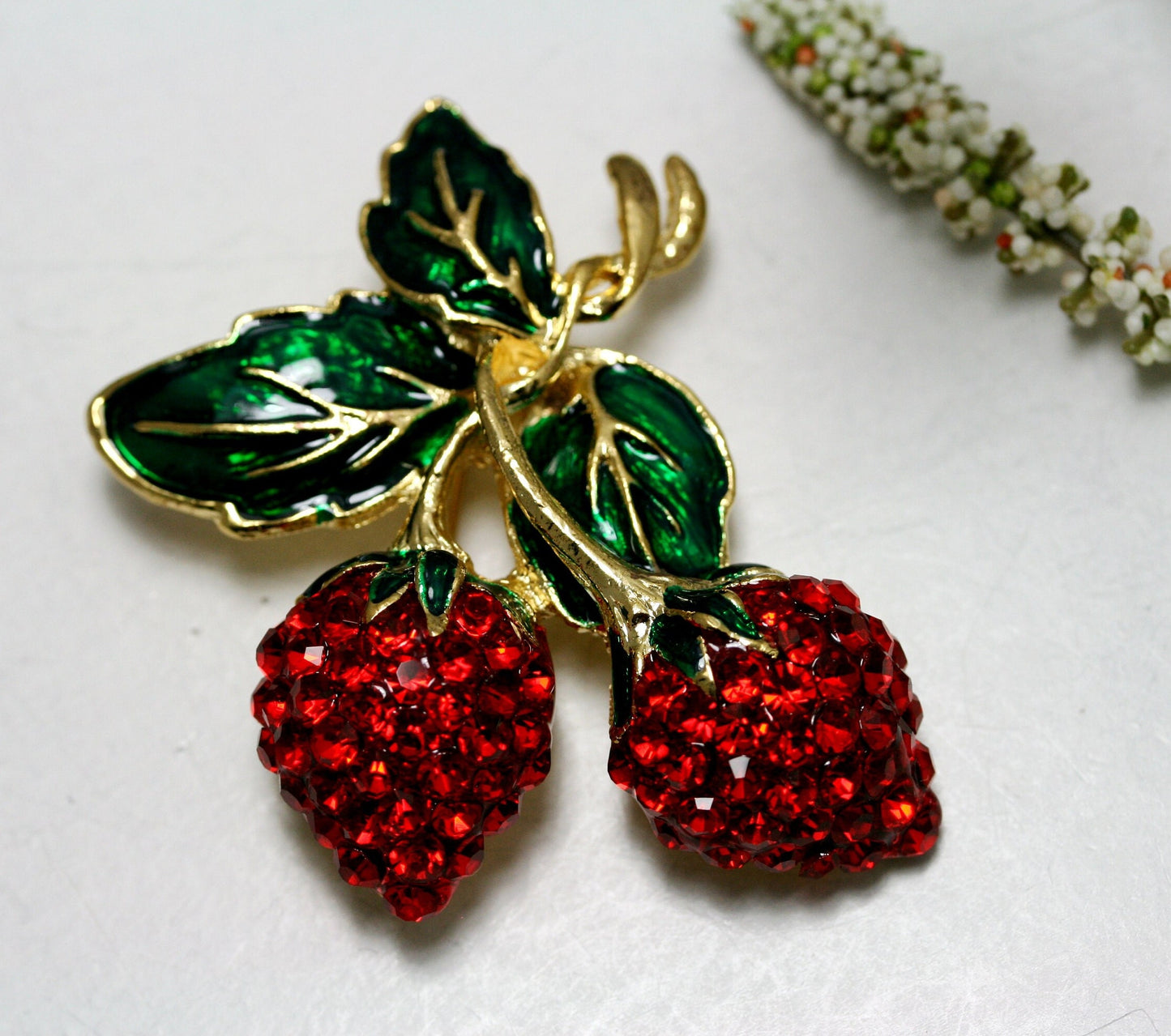 Rhinestone Double Strawberry Brooch Pin, Fruit Ruby Red Crystal Strawberry Brooch, Fruit Pin