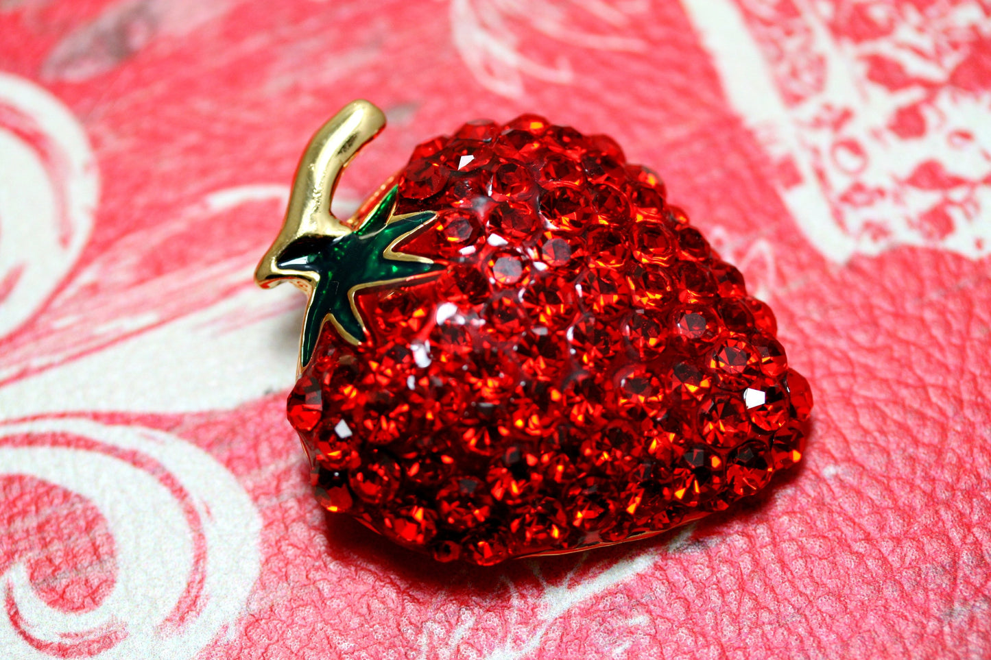 Enamel & Crystal Strawberry Brooch Pin and Pendant, Fruit Ruby Red Crystal Strawberry Brooch, Fruit Pin