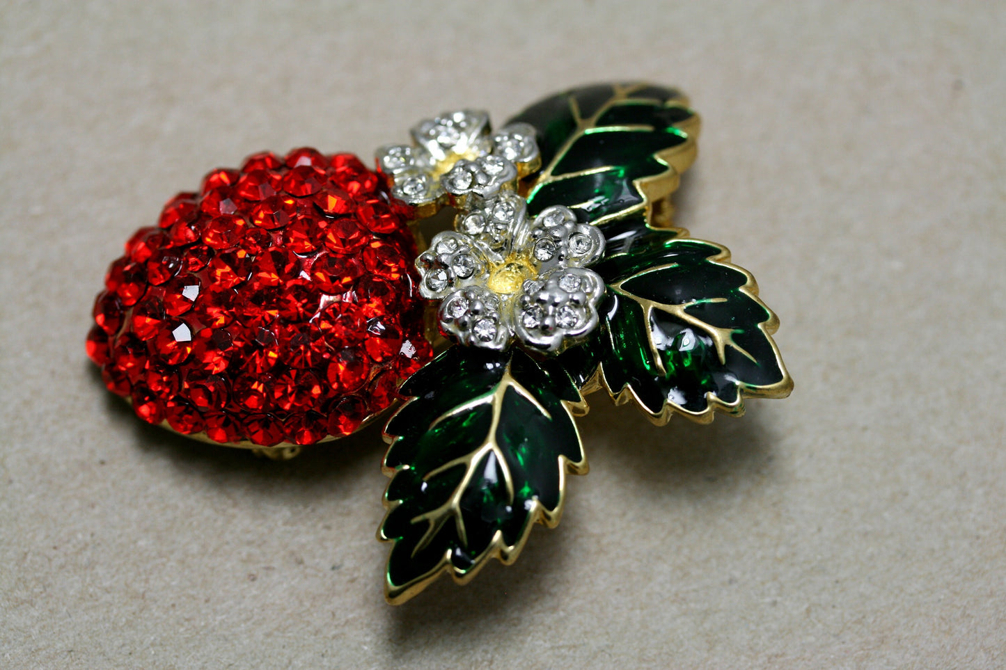 Enamel & Crystal Strawberry Brooch Pin, Fruit Ruby Red Crystal Strawberry Brooch, Fruit Pin