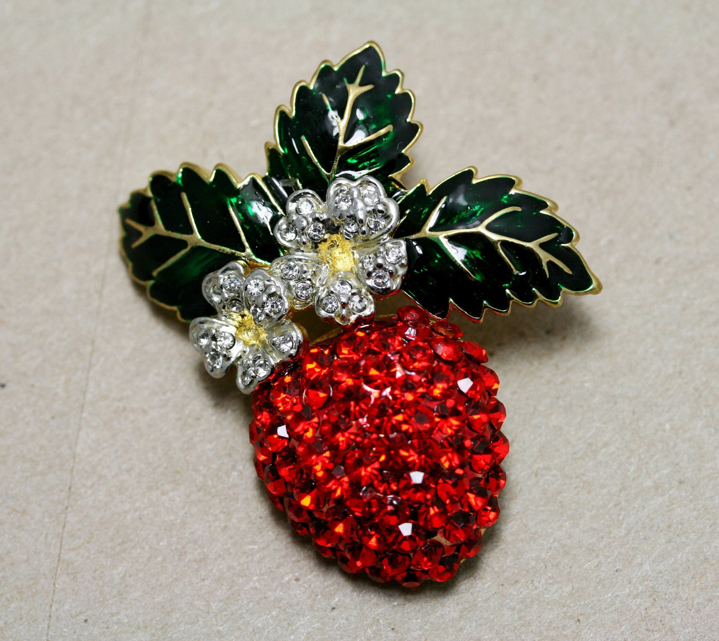 Enamel & Crystal Strawberry Brooch Pin, Fruit Ruby Red Crystal Strawberry Brooch, Fruit Pin