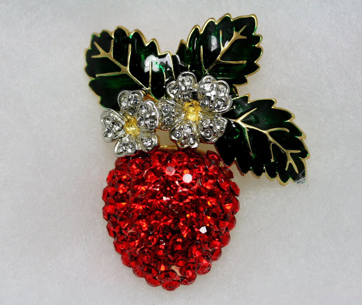 Enamel & Crystal Strawberry Brooch Pin, Fruit Ruby Red Crystal Strawberry Brooch, Fruit Pin