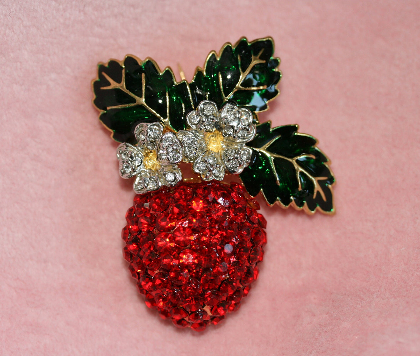 Enamel & Crystal Strawberry Brooch Pin, Fruit Ruby Red Crystal Strawberry Brooch, Fruit Pin